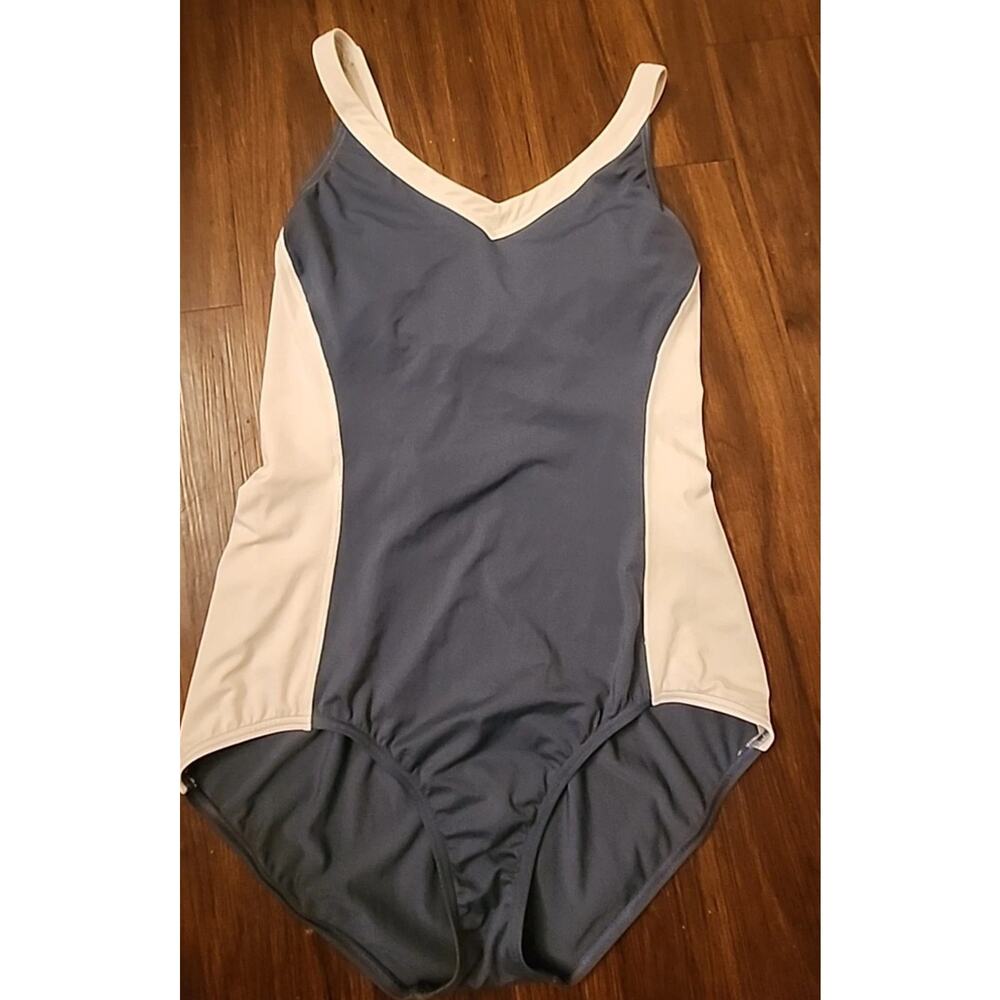 Lands' End Women's One Piece Swimsuit Size 16 X Back Blue/Gray w/white Trim